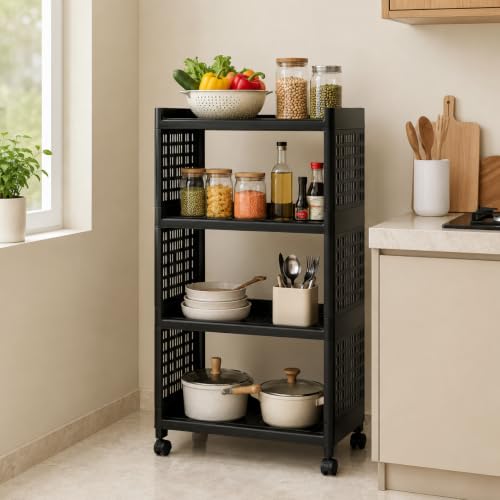 Image of 4 Tier Multipurpose Plastic Trolley with Wheels | Storage Rack Organizer | Bathroom Trolley Organizer | Kitchen Trolley with Wheels | Plastic Rack Kitchen | Black