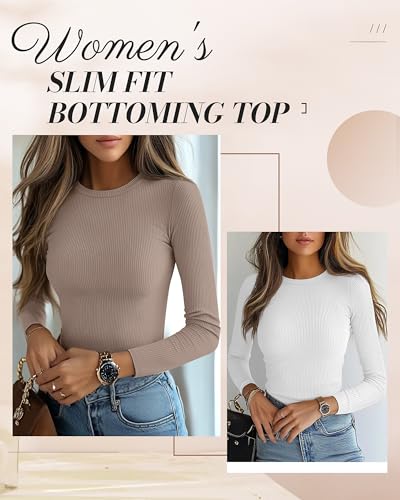 Ficerd 3 Pack Women's Ribbed Long Sleeve Tops, Crew Neck Slim Fit Undershirts Knit Basic Casual Stretch Layering Tee Shirts3