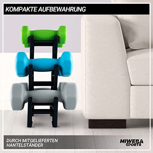 Miweba Sports Neopren Hantelset NKH120 | 𝐏𝐫𝐨𝐟𝐢 Hantel - Hexagon Hanteln Set - Kurzhanteln - Kurzhantel Set - Neoprenhantel - Hantelständer - Hantel - Dumbbell - 1-3kg (Grün/Türkis/Grau)