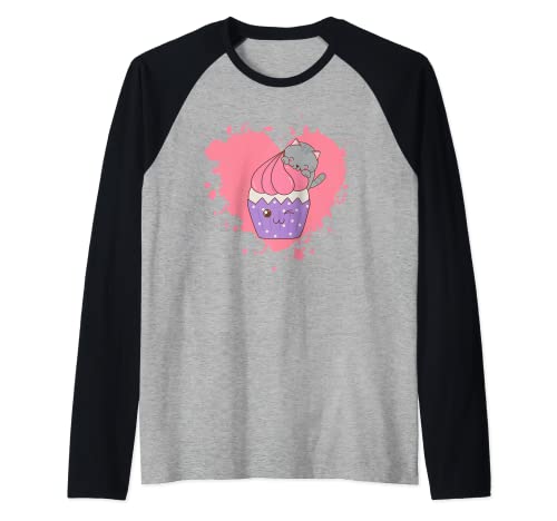 Kawaii Cute Cat Cupcake Pastel de anime japonés Camiseta Manga Raglan