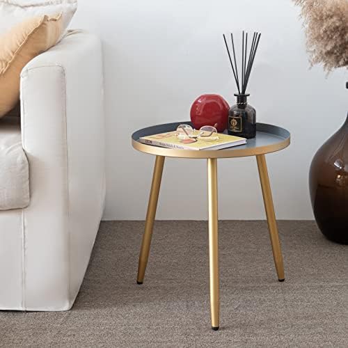 AOJEZOR End Table,Round End Table Ideal for Any Room-Side Tables Living Room,Side Tables Bedroom,Metal Structure Side Table Great for Indoor & Outdoor,Matte Gray Tray with 3 Gold Legs Accent Table