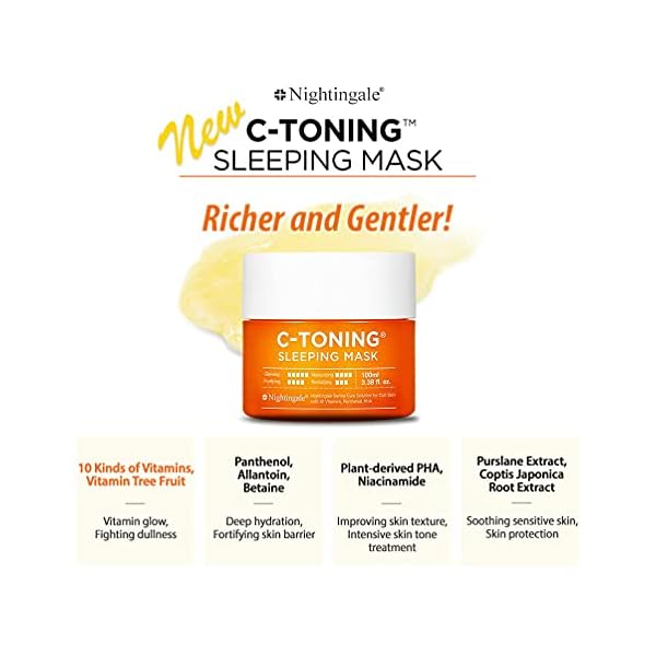 Nightingale-C-Toning-Sleeping-Mask-Pack-Korean-Skincare-Overnight-Facial-Mask-Moisturizer-with-Vitamin-C-10-Kinds-of-Vitamins-Hyaluronic-Acid-338-Fl-Oz Nightingale C Toning Sleeping Mask, Overnight face Mask For Face, Vitamin C + Niacinamide +AHA, BHA, PHA+ Hyaluronic Acid, Moisturizing & Visibly Brighten, Fragrance free, Korean Skin Care