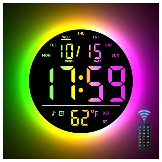 10" Large Digital Wall Clock with Remote Control, Music Sync RGB Atmosphere Light, Low-Reflectivity, Temperature, LED Display, Dual Alarms, BT Sync, Auto DST for Bedroom and Classroom