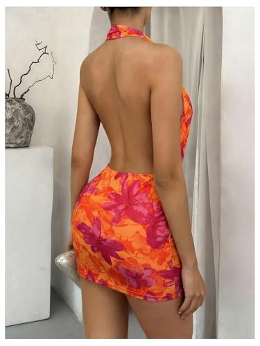 Image of OYOANGLE Women's Sexy Deep V Halter Dress Floral Bodycon Club Mini Dresses