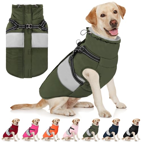 Image of AOFITEE Dog Coat Warm Dog Winter Coat, Waterproof Dogs Jacket with Harness, Dogs Snow Jacket Snowsuit with Zipper & Furry Collar, Reflective Windproof Pet Sweater for Cold Weather, French Bulldog, L