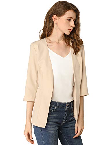 Allegra K Women's Collarless 3/4 Sleeve Ruched Waist Casual Office Blazer Khaki Small