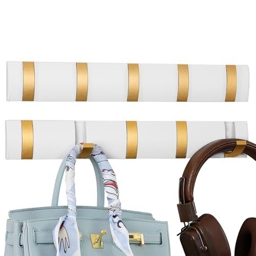 Cehold 2 Pack Foldable Stylish Modern Hook Rack with 5 Hooks, Coat Hooks Wall Mount, Metal Coat Hook Rail for Coat Hat Towel Purse Robes Mudroom Bathroom Entryway (White and Gold)