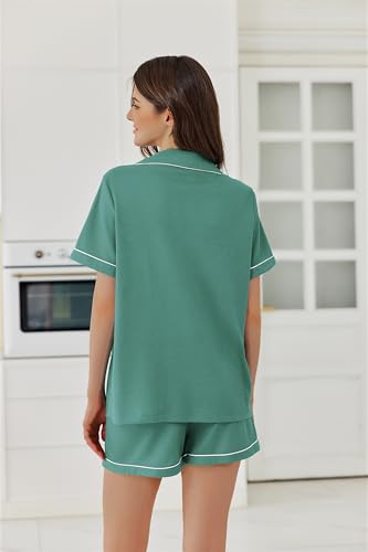 Image of Ekouaer Womens Waffle Knit Pajama Sets Soft Short Sleeve Button Down Sleepwear Cozy 2 Piece Pjs Shorts Set