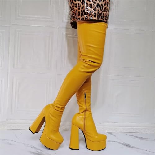 Frankie Hsu Punk Platform Chunky Over The Knee Boots, Gogo Deep Yellow Loli Colorful Thigh High Style, Large Big Size Fashion Cool Lovely Cute Goth Heeled Long Tall Shoes For Women4