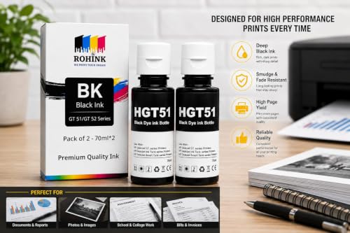 Image of ROHINK GT51 GT52 Ink Refill Dye Ink Compatible with HP Ink Tank 115, 310, 315, 319, 410, 415, 416, 419, 455, 500, 515, 530, 615, GT 5810, GT 5811, GT 5820 (70ML*2 Black)