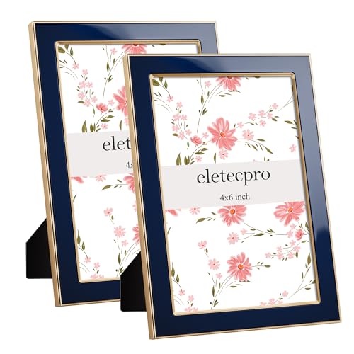 Image of eletecpro 4x6 Enamel Picture Frame Set of 2 with Real Glass Cover, Cute Photo Frame with Gold Metal Edge, Horizontal and Vertical Display Pictures 4 by 6 for Tabletop and Wall Decor, Navy