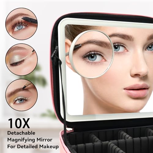 Travel Makeup Bag with LED Mirror and 10x magnifying glass with 3 Lighted Settings, Adjustable Dividers and Makeup Brush Storage Bag Pink2