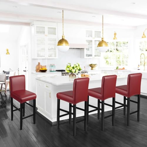 Image of YISUN Bar Stool Covers, Stretch Waterproof PU Bar Stool Slipcover Removable Washable Bar Stool Chair Covers, High Chair Cover with Elastic Bands (4 Pack, Red)