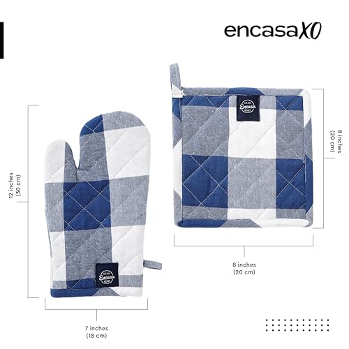 Image of Encasa XO Heat Resistant 100% Cotton Oven Glove & Potholder Set with Loop, Kitchen Cooking Mittens, Microwave Safe Hot Pads (Buffalo Blue Checks)