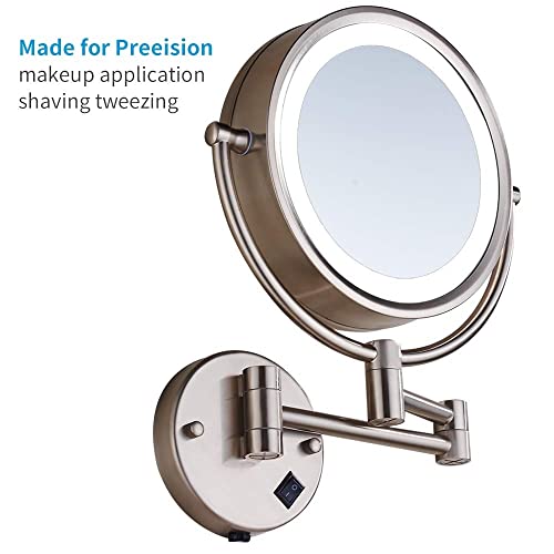 Cavoli Hardwire Lighted Makeup Mirror Wall Mountedbrushed Nickel With 10X Magnification For Bathroom And Bedroom,13" Extendable Arm, Heavy Duty Copper Brass Glass (Nickel) #TOP6