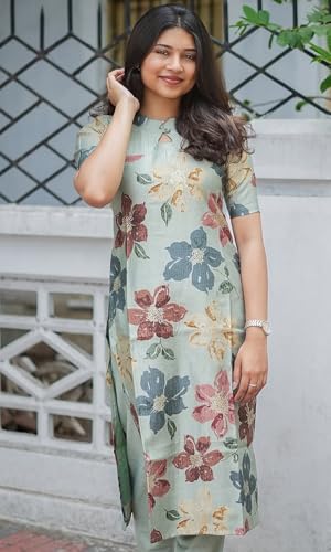 Image of Sun Fashion And Lifestyle Linen Blend Printed Straight Calf Length Kurta for Women | Kurti (KT72 Pista)