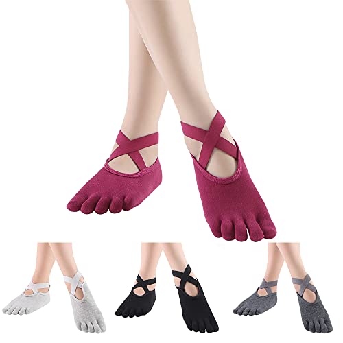 AVCXEC Yoga Socken Rutschfeste für Damen, 4 Paare Sticky Rutschfeste Zehensocken für Yoga, Yoga Pilates Sock mit Griffen, Fünf Zehen Ballettsocke, Gummisohlen Yogasocken für Pilates Barre, Größe 36-40 – Bild 9