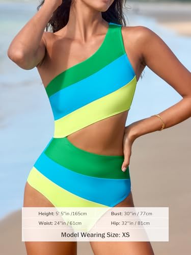 Image of CUPSHE Women One Piece Swimsuit One Shoulder Bathing Suit Cutout Monokini | Removable Soft Cups, Color Block, Classic Bum Coverage, Swim Suit For Beach Vacation Cruise Pool Party