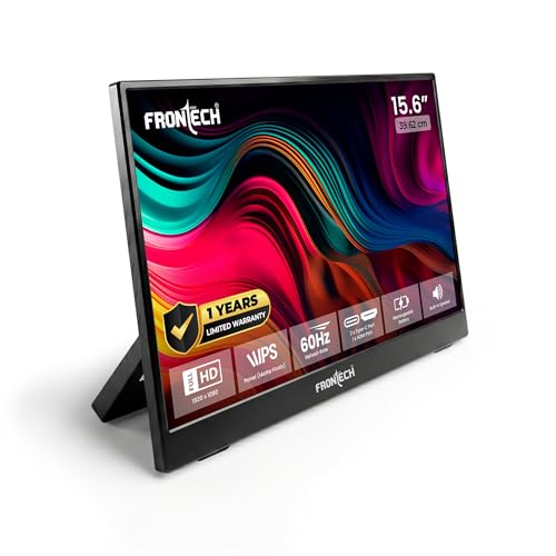 Image of FRONTECH 15.6″ Portable LED Monitor, Full HD IPS Display, 10000mAh Rechargeable Battery, Dual Type-C & Mini HDMI, Built-in Speakers, 180 Stand, Works with Laptop /PS5 /Switch /Phone (MON-0023P)