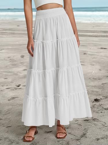 Women’s Summer Boho Maxi Skirts Smocked High Wasited Flowy Tiered Ruffle A Line Long Beach Skirt2