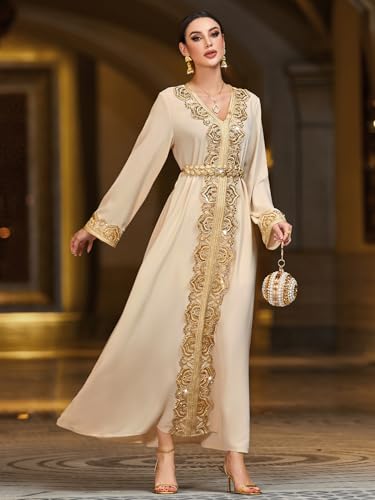 Lace Trim V-Neck Kaftan Dress, Long Sleeve Maxi Dress with Belt, Gold Embroidery Women's Evening Gown2
