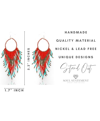 Colorful Bead Dangles, Cowboy Chic Earrings for Women, Boho Handmade Red, Gold, Turquoise Earrings, Ethnic Dangling Beads Design, Gift-Ready, Perfect for Concerts & Festivals4