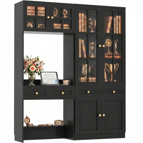 Besiost Farmhouse Bookcase with Desk, Wood Bookshelf with Grid Glass Doors & Drawers, Multi-Function Glass Storage Cabinet for Home Office, Kitchen Pantry, Bedroom, Black (55.2 L × 11.8 D × 80 H)