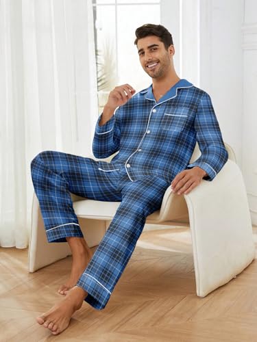 Mens Plaid Button Front Flannel Pajamas Set Cotton Pjs Warm Soft Lounge 2 Pieces Sleepwear Top with Pockets & Pj Pants3