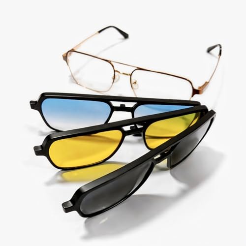 Image of Premium Tinted Eyeglasses with Magnetic Clip-On Sunglasses, 4-in-1, Matte Black Frame, Black Yellow Blue Lenses