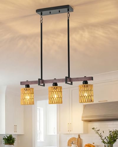 3-Light Kitchen Island Light Fixture, Linear Chandelier for Dining Room, Rustic Pendant Light Over Table, Handmade Woven Farmhouse Wicker Chandelier, Dark Wood Finish for Kitchen Island - image 1