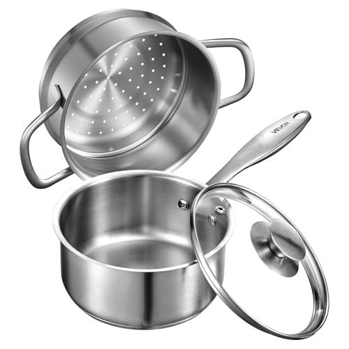 VEVOR 1.5 QT Saucepan with Steamer, Stainless Steel Saucepan with Glass Lid, Multipurpose Nonstick Stainless Steel Sauce Pot with Ergonomic Handle, Friendly for Oven, Dishwasher, Induction Cooker