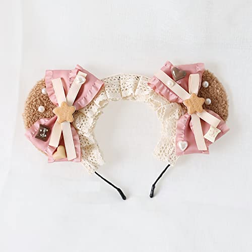 Gk-O Lolita Bear Ear Headband Bowknot Hair Kawaii Lolita Prop Headwear Cute Hairpin Female Headdress Hair Accessories Handmade (Pink) #TOP1