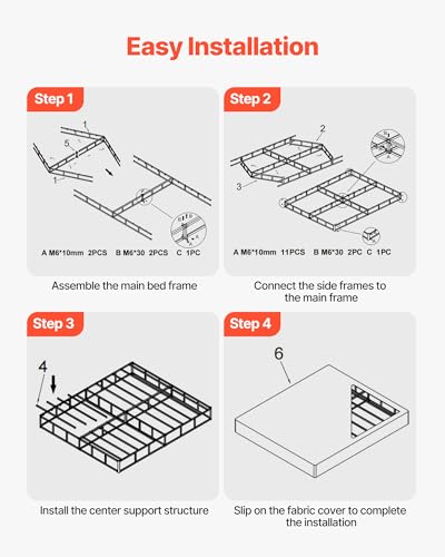 Image of VEVOR Box Spring, Queen Size Bed Frame with Washable Fabric Cloth, Heavy Duty Metal Frame for Queen Bed, 4 in Mattress Foundation, 3500 lbs Max Weight Capacity, Easy Assembly, 79.1 L x 59.4 W x 4 H in