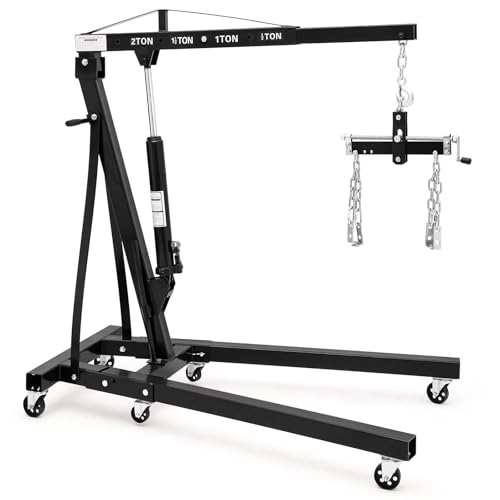 2 Ton Folding Hydraulic Engine Hoist with Lever Folding Engine Shop Crane Hoist Lift Heavy Cherry Picker with 6 Wheels for Garage Workshop Black