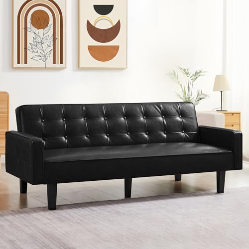 Faux Leather Futon Couch Mid Century Modern Futon Sofa with Memory Foam Convertible Futon Sofa Bed for Small Spaces Living Room Office Black