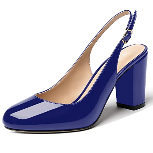 MODENCOCO Women's Solid Round Toe Buckle Patent Slingback Block High Heel Pumps Shoes 3.5 Inch