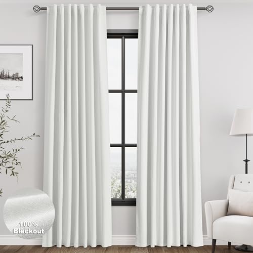 Nanspring Off White 100% Blackout Linen Curtains for Bedroom 84 Inch Length 2 Panels Set Back Tab Thermal Insulated Black Out Curtain for Living Room Office Cortinas Blackout para Dormitorio 52x84