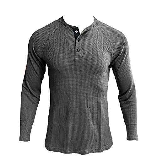 Men's Henley Shirt Long Sleeve Waffle Thermal Underwear Henley Top Casual Slim Fit Lightweight 3 Button T Shirts (Grey 2,Large)