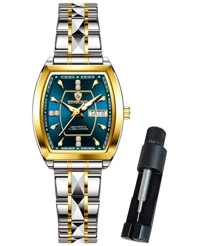 Image of BINBOND Square Watches for Women Analog Quartz Day Date Ladies Wrist Watch Diamond Stylish Stainless Steel Dress Womens Watch Elegant Luminous Waterproof