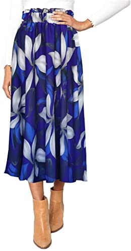 Sinono Women Elastic High Waist A Line Floral Print Swing Chiffon Beach Midi Long Skirt with Pockets(Medium, Royal Blue)2