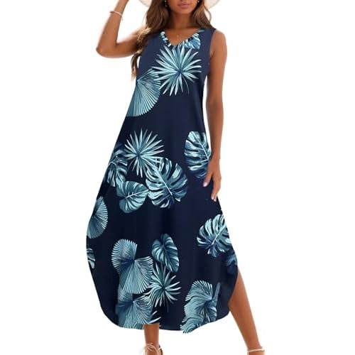 Zilcremo Women's Summer Casual Loose Sundress Long Dress Sleeveless V Neck Split Tshirt Maxi Dresses Small Navyleaf