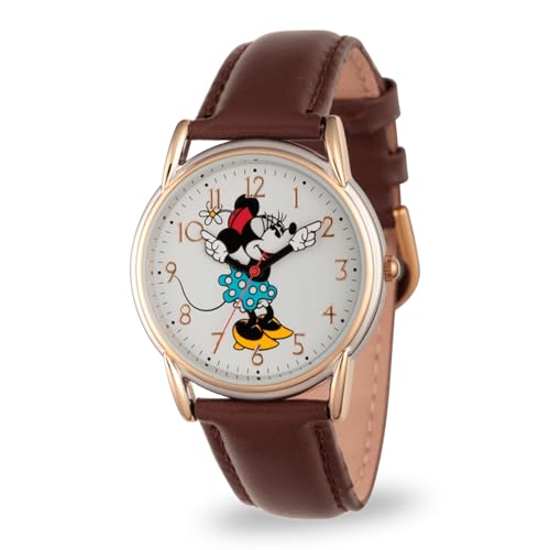 Disney Minnie Mouse Watch for Women - Brown Leather Strap, Gold Case, White Dial - Stylish Minnie Watches for Women, Classic Mouse Watch, Elegant 's Watches with Timeless Design