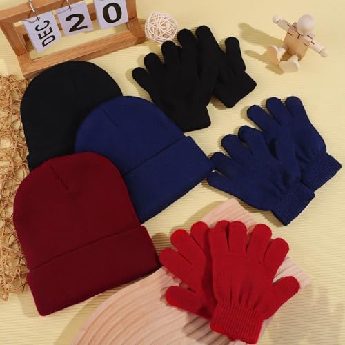 Image of Cooraby 6 Pack Kid's Winter Beanies Hat Full Fingers Gloves Set Skull Winter Caps Stretchy Gloves for Boys Girls