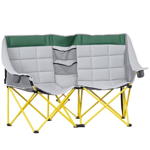 Outsunny Loveseat Style Camping Chair, Oversized Folding Lawn Chair with Carry Bag & Cup Holders, for Outdoor, Beach, Picnic, Hiking, Travel, Green & Gray