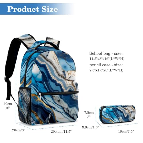 Sac à dos marbre bleu et trousse multicolore au design texturé