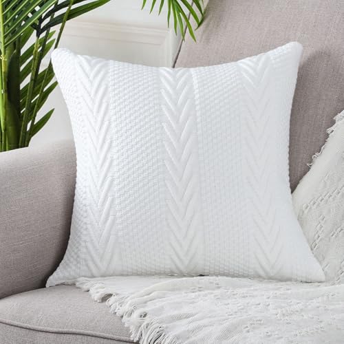 MANDIOO Cotton Knitted Decorative Throw Pillow Covers Soft Cozy Outdoor Cushion Cases Luxury Modern Pillowcases for Couch Sofa Bed 20x20 Inches White