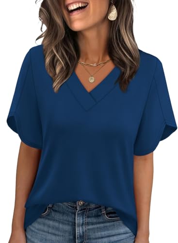 Image of WIHOLL Womens Summer Tops Short Petal Sleeve Shirts Fashion V Neck Womens Clothing