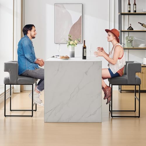 Image of 26 inch H Velvet Bar Stools Set of 6, Counter Height Bar Seats with Square Back, Modern Upholstered Armless Barstools with Metal Black Legs for Kitchen Island Dining Room Bar, Grey