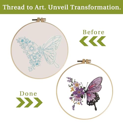 Image of LB Butterfly Embroidery Kit for Beginners Adults, 3 Sets Hand Embroidery Starter Kit with Flower Pattern and Instructions Stamped Cross Stitch Kits Include Embroidery Hoop Needles Threads Scissors