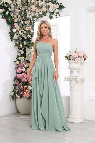 Women's One Shoulder Bridesmaid Dresses Long Ruched Chiffon A Line Formal Party Dress with Pockets3